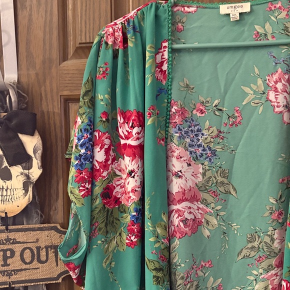 Umgee Teal Green Floral Kimono Cardigan with Pink Accents - Picture 4 of 6